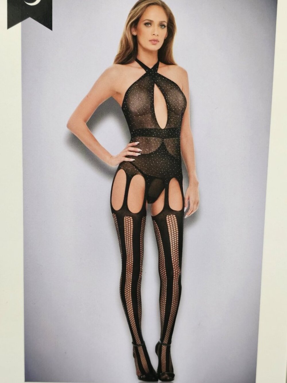 Baci Lingerie Women's One Size 2-14 Black Lace Diamonte Halter Top Bodystocking